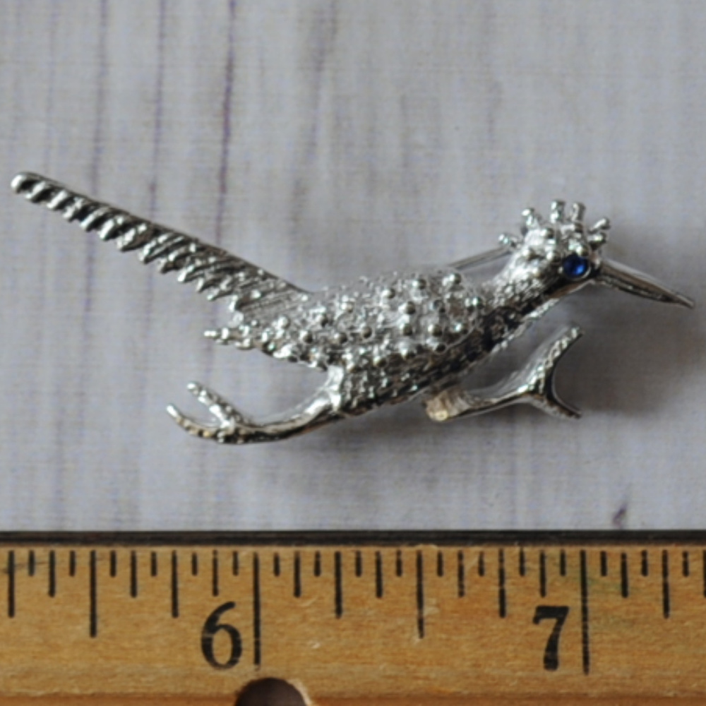vintage bird silver tone blue rhinestone roadrunner brooch pin